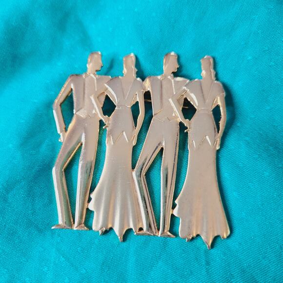 JJ Jonette Vintage Art Deco Style goldtone Double Date Brooch 1988 pin 80s prom - Picture 1 of 15